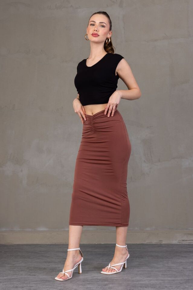 ÖN DRAPELİ UZUN ETEK 82 CM AÇIK KAHVERENGİ  /ÖN BÜZGÜLÜ ETEK / DRAPED LONG SKIRT XL