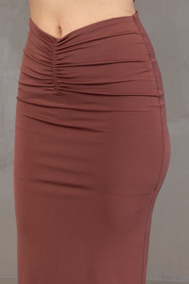 ÖN DRAPELİ UZUN ETEK 82 CM AÇIK KAHVERENGİ  /ÖN BÜZGÜLÜ ETEK / DRAPED LONG SKIRT XL