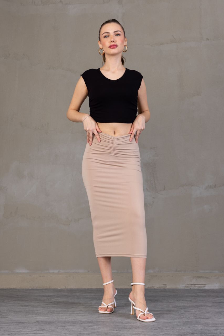 ÖN DRAPELİ UZUN ETEK 82 CM /ÖN BÜZGÜLÜ ETEK  BEJ RENGİ / DRAPED LONG SKIRT XL