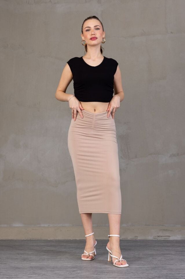 ÖN DRAPELİ UZUN ETEK 82 CM /ÖN BÜZGÜLÜ ETEK  BEJ RENGİ / DRAPED LONG SKIRT XL