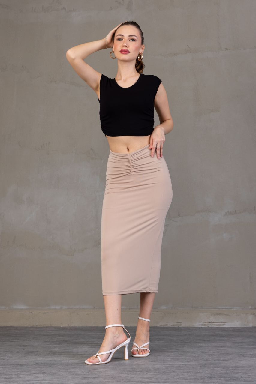 ÖN DRAPELİ UZUN ETEK 82 CM /ÖN BÜZGÜLÜ ETEK  BEJ RENGİ / DRAPED LONG SKIRT XL