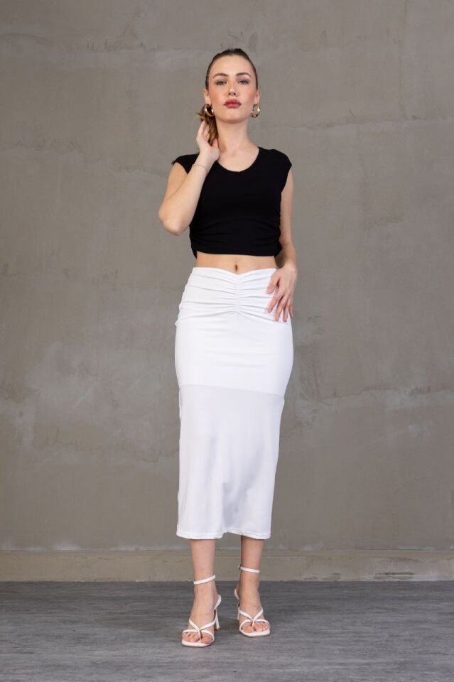 ÖN DRAPELİ UZUN ETEK 82 CM /ÖN BÜZGÜLÜ ETEK BEYAZ RENGİ / DRAPED LONG SKIRT XL