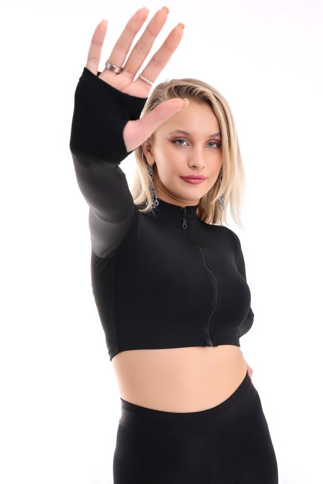 KISA FERMUARLI CEKET UZUN KOL PARMAK GEÇMELİ / SHORT JACKET WITH FINGER CLOCK L - SİYAH