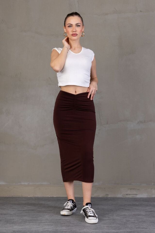 ÖN DRAPELİ UZUN ETEK 82 CM /ÖN BÜZGÜLÜ ETEK KOYU KAHVERENGİ / DRAPED LONG SKIRT XL