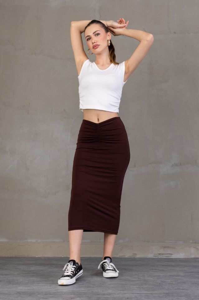 ÖN DRAPELİ UZUN ETEK 82 CM /ÖN BÜZGÜLÜ ETEK KOYU KAHVERENGİ / DRAPED LONG SKIRT XL