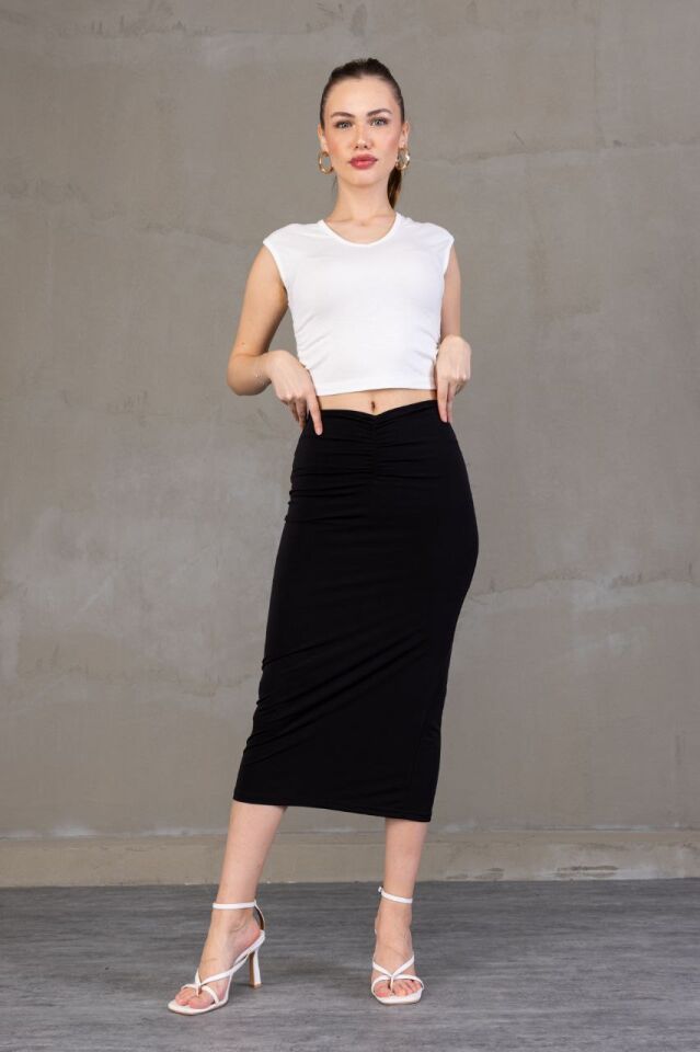 ÖN DRAPELİ UZUN ETEK 82 CM /ÖN BÜZGÜLÜ ETEK SİYAH RENGİ / DRAPED LONG SKIRT XL