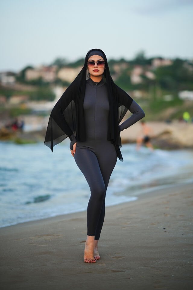 Boneli Uzun Mayo Tulum / Bonnet Hıjab Long Swımsuıt Overalls XL - Antrasit
