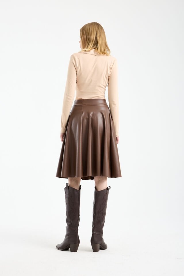 Kadın İçi Kadife Beli Lastikli Suni Deri Diz Boyu Çan Etek XL - KAHVERENGİ