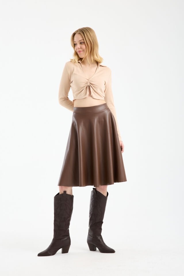 Kadın İçi Kadife Beli Lastikli Suni Deri Diz Boyu Çan Etek XL - KAHVERENGİ