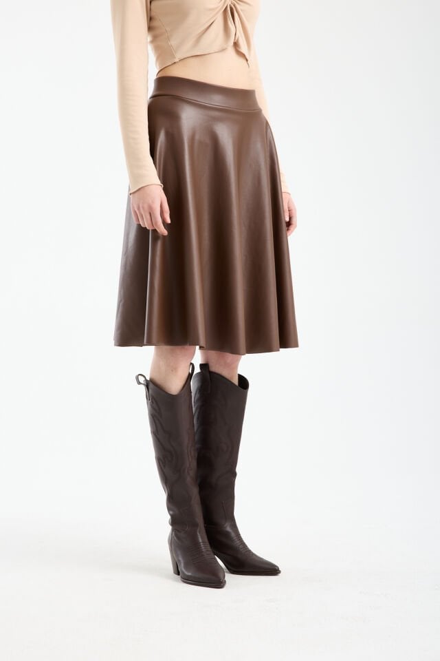 Kadın İçi Kadife Beli Lastikli Suni Deri Diz Boyu Çan Etek XL - KAHVERENGİ