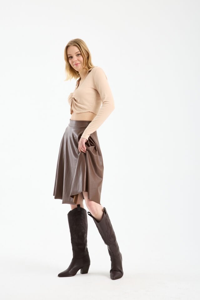 Kadın İçi Kadife Beli Lastikli Suni Deri Diz Boyu Çan Etek XL - KAHVERENGİ