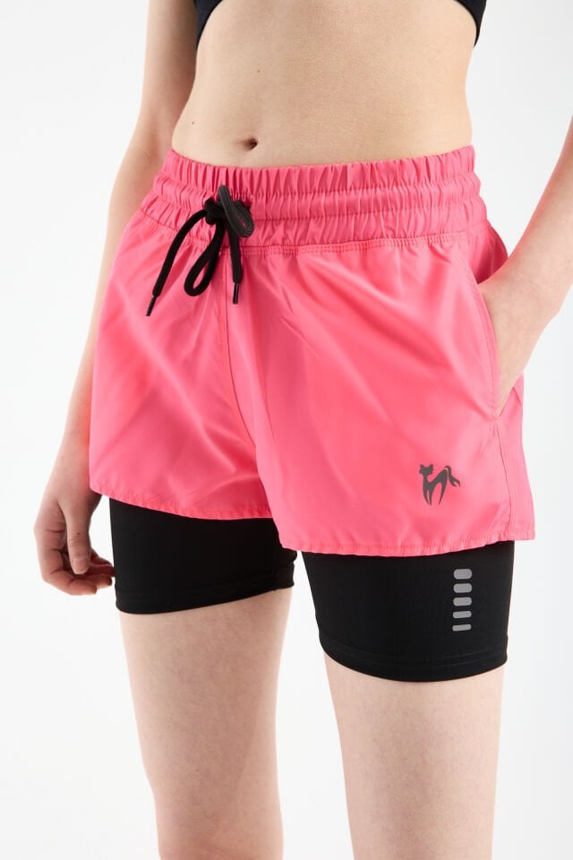 Kadın Çift Katmanlı Taytlı Koşu Pilates ve Yoga Şortu 2XL - PEMBE
