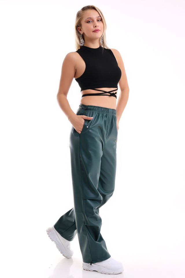 Kadın Paça Lastikli Cep Kapaklı Deri Pantolon M - ZÜMRÜT