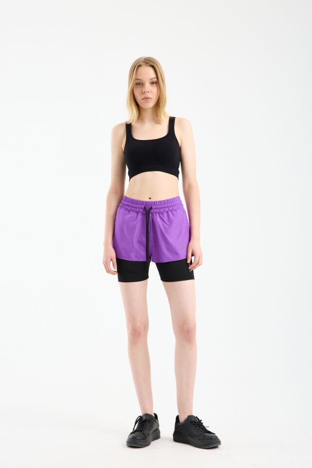 Kadın Çift Katmanlı Taytlı Koşu Pilates ve Yoga Şortu 1521 L - MOR