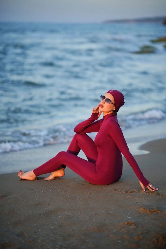 Boneli Uzun Mayo Tulum / Bonnet Hıjab Long Swımsuıt Overalls 2XL - BORDO
