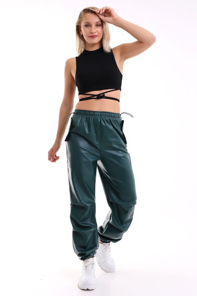 DERİ PANTOLON CEP KAPAKLI VE BEL PAÇA LASTİKLİ XL - ZÜMRÜT