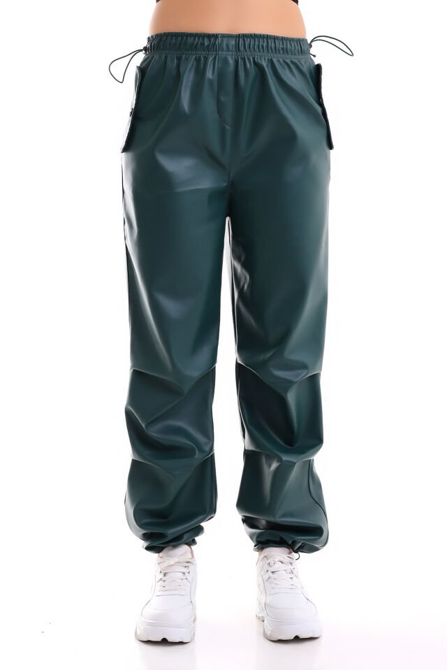 DERİ PANTOLON CEP KAPAKLI VE BEL PAÇA LASTİKLİ XL - ZÜMRÜT