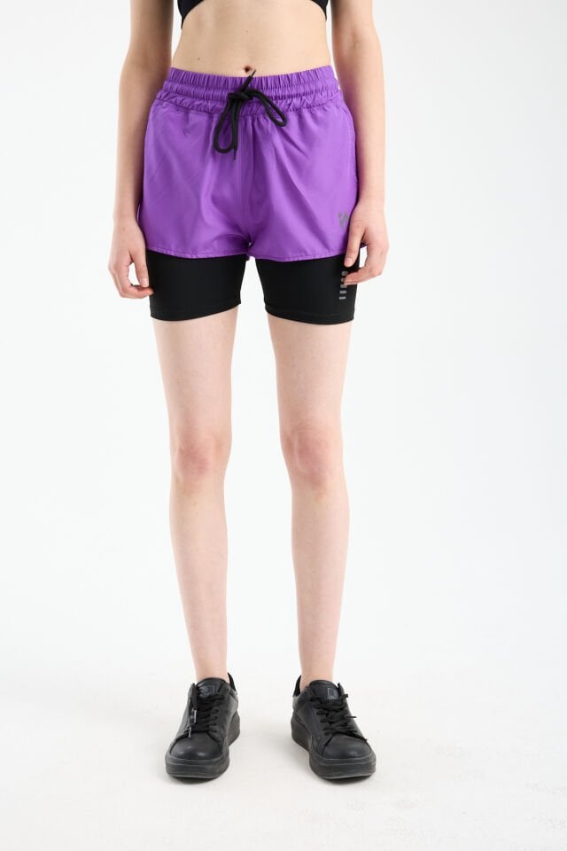 Kadın Çift Katmanlı Taytlı Koşu Pilates ve Yoga Şortu 2XL - MOR