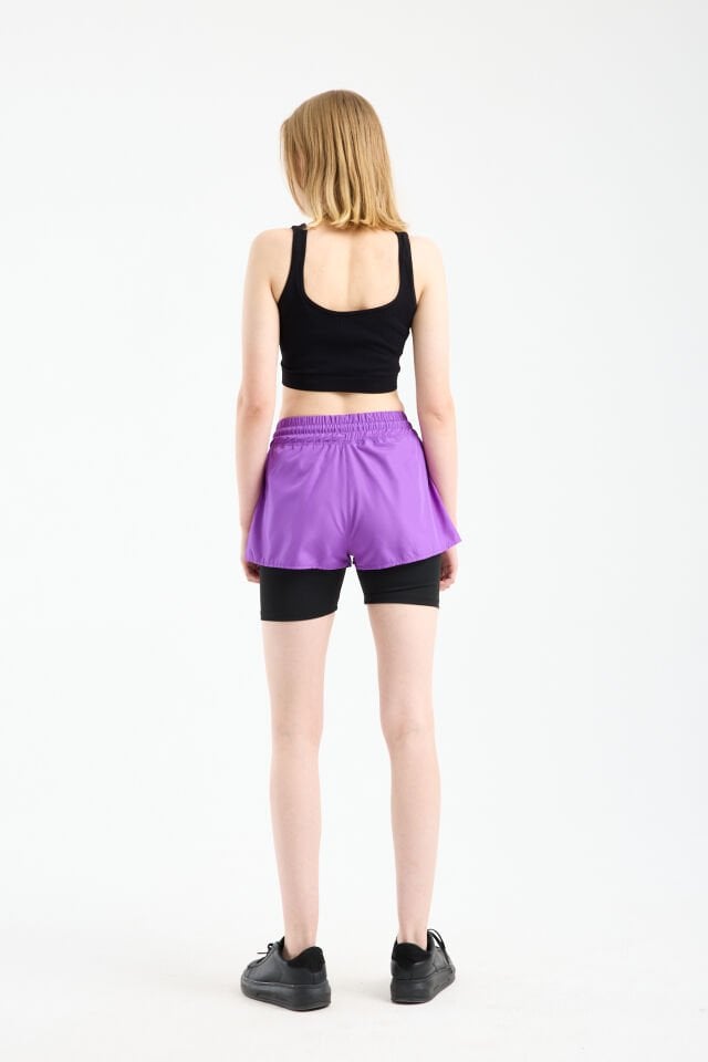 Kadın Çift Katmanlı Taytlı Koşu Pilates ve Yoga Şortu 2XL - MOR