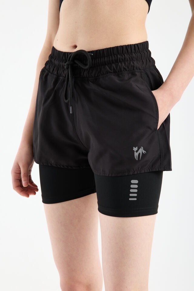 Kadın Çift Katmanlı Taytlı Koşu Pilates ve Yoga Şortu 1521 L - SİYAH