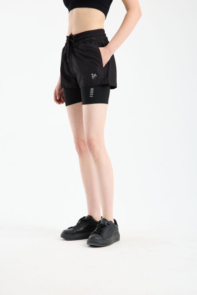 Kadın Çift Katmanlı Taytlı Koşu Pilates ve Yoga Şortu 1521 L - SİYAH