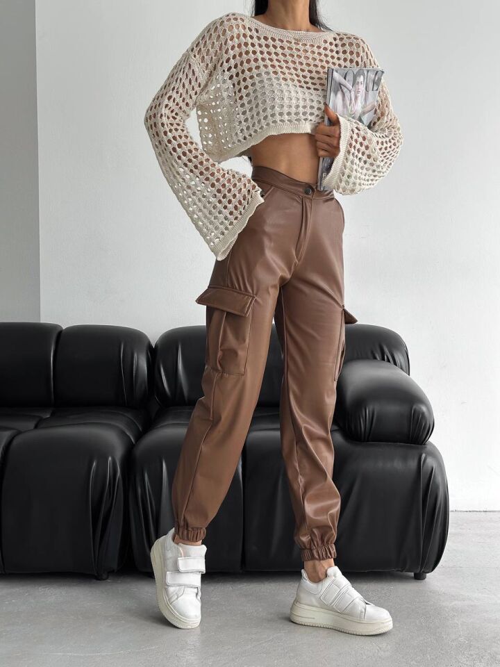 Kadın Deri Yan Kargo Cepli  Pantolon 6103 M - KAHVERENGİ