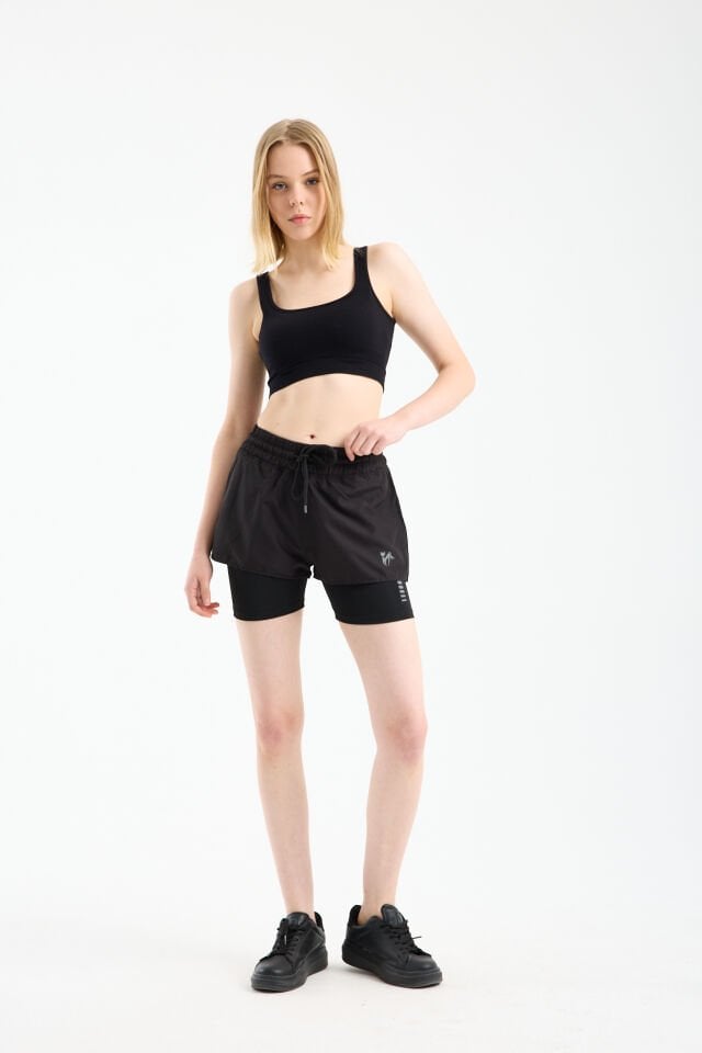 Kadın Çift Katmanlı Taytlı Koşu Pilates ve Yoga Şortu 2XL - SİYAH