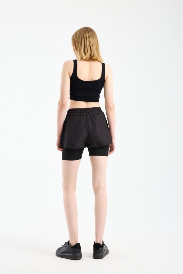 Kadın Çift Katmanlı Taytlı Koşu Pilates ve Yoga Şortu 2XL - SİYAH