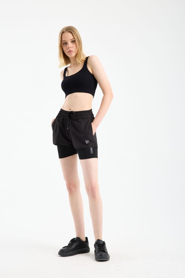 Kadın Çift Katmanlı Taytlı Koşu Pilates ve Yoga Şortu 2XL - SİYAH