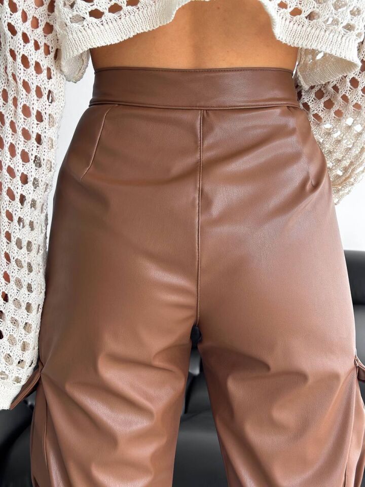 DERİ PANTOLON - YAN KARGO CEPLİ DERİ PANTOLON XL - KAHVERENGİ