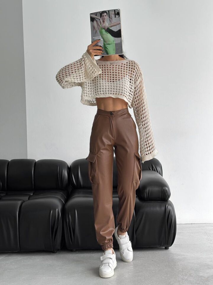 DERİ PANTOLON - YAN KARGO CEPLİ DERİ PANTOLON XL - KAHVERENGİ