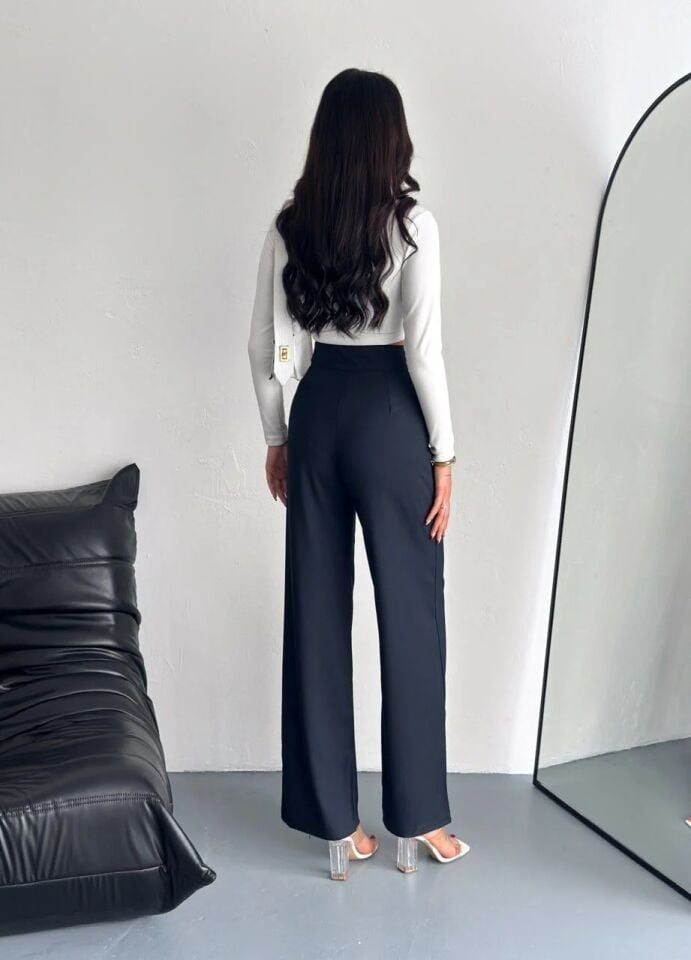 Kadın Çırtlı Geniş Paça Kumaş Pantolon AĞAÇ KABUĞU 2226 M - LACİVERT