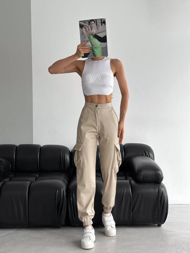 Kadın Deri Yan Kargo Cepli  Pantolon 6103 M - EKRU