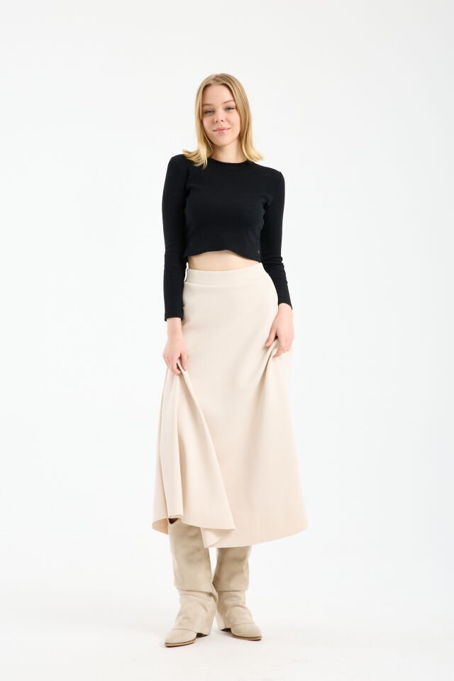 Kadın Scuba Dalgıç Kumaş Uzun Çan Etek Likralı Esnek Bel 2408 L - KREM