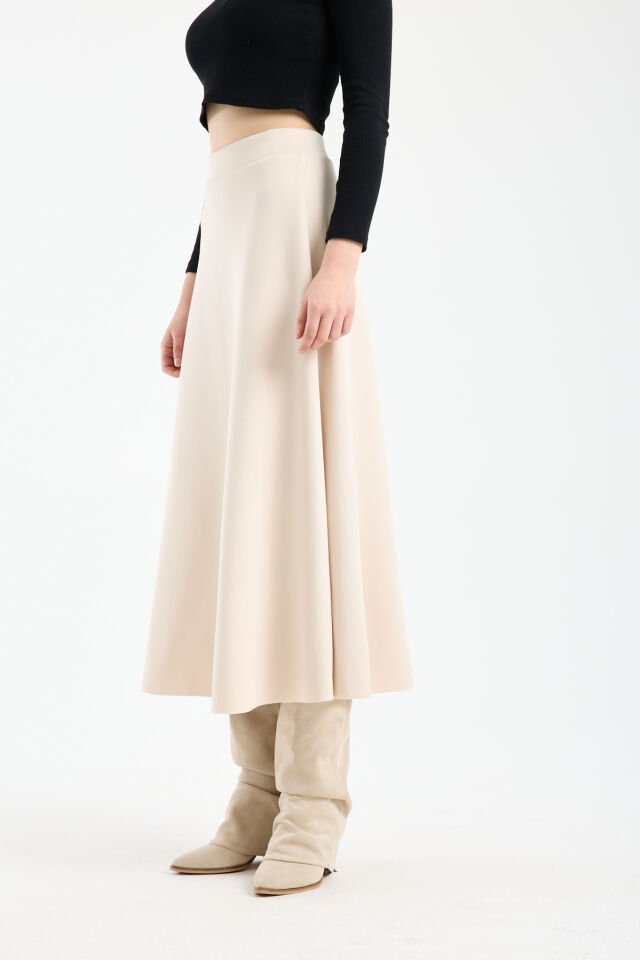 Kadın Scuba Dalgıç Kumaş Uzun Çan Etek Likralı Esnek Bel 2408 L - KREM