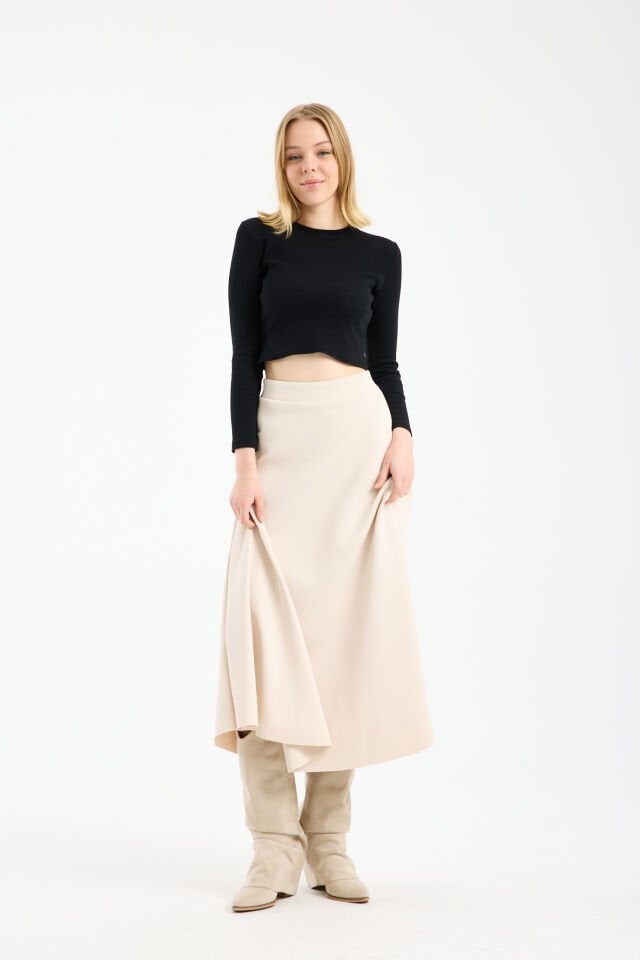 Kadın Scuba Dalgıç Kumaş Uzun Çan Etek Likralı Esnek Bel XL - KREM