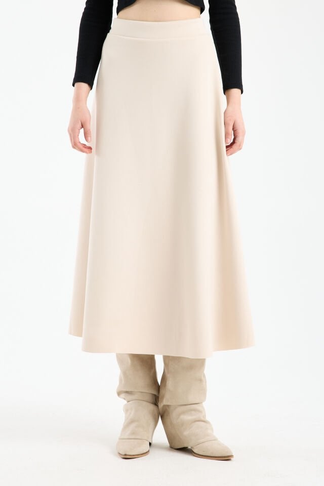 Kadın Scuba Dalgıç Kumaş Uzun Çan Etek Likralı Esnek Bel XL - KREM