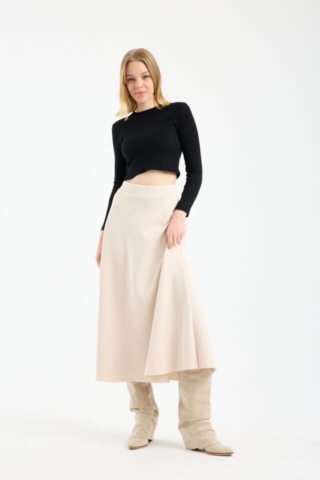 Kadın Scuba Dalgıç Kumaş Uzun Çan Etek Likralı Esnek Bel XL - KREM