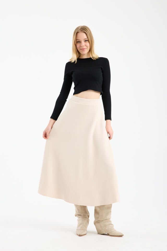 Kadın Scuba Dalgıç Kumaş Uzun Çan Etek Likralı Esnek Bel XL - KREM