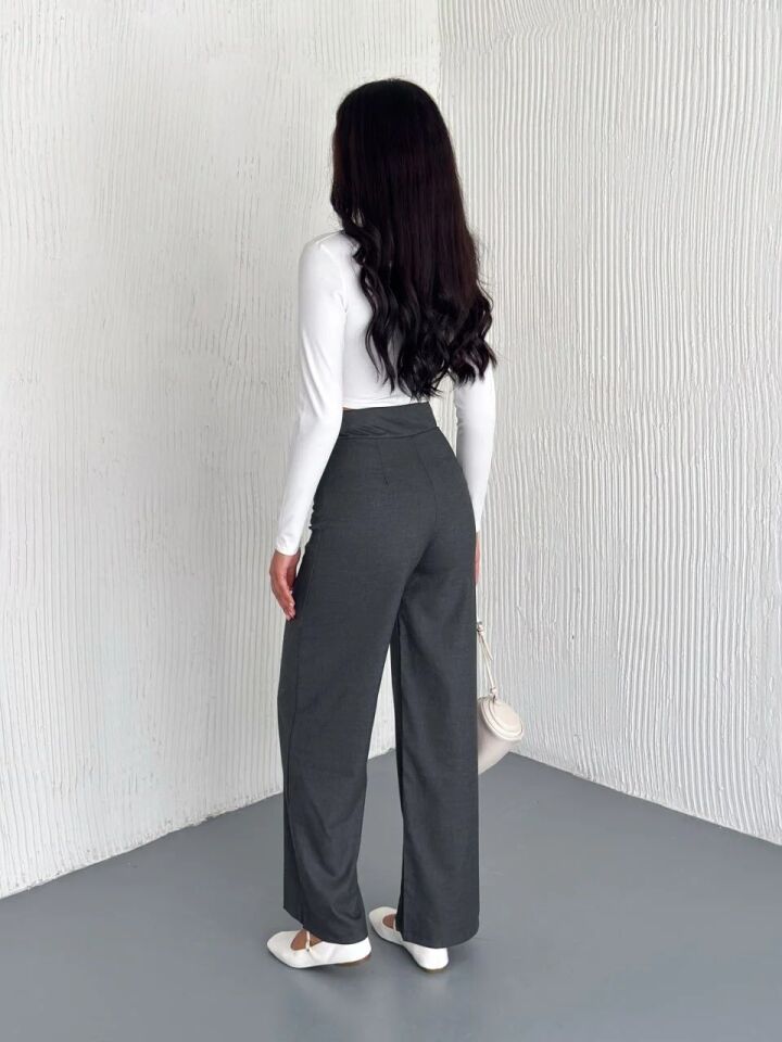 Kadın Çırtlı Geniş Paça Kumaş Pantolon AĞAÇ KABUĞU 2226 M - KOYU GRİ