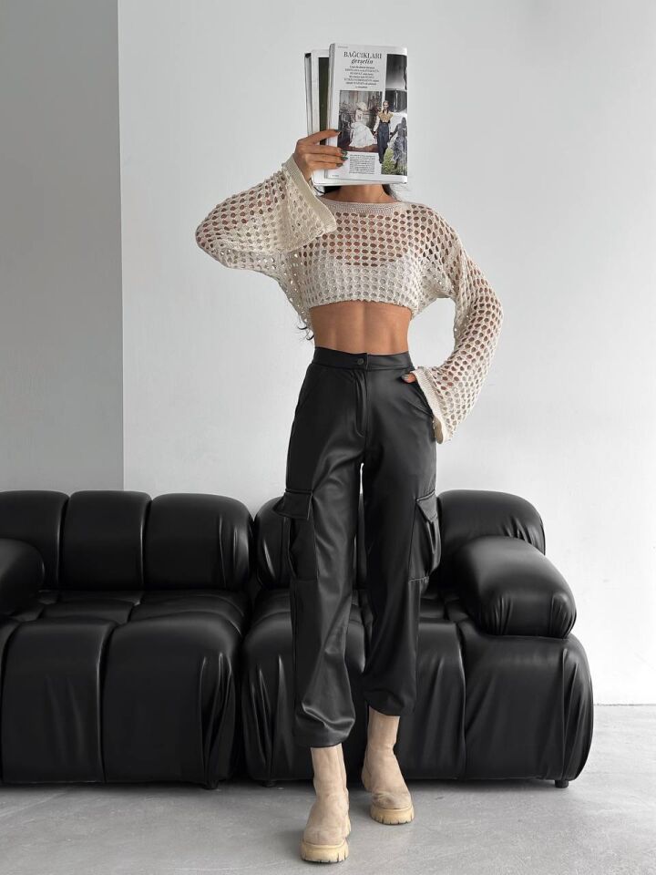 Kadın Deri Yan Kargo Cepli  Pantolon 6103 M - SİYAH