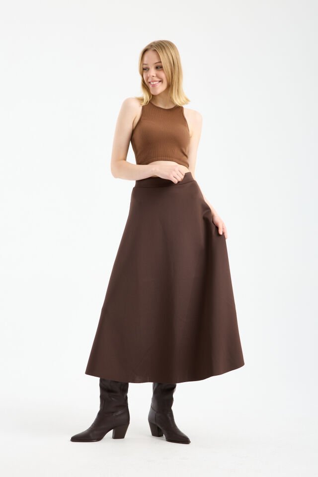 Kadın Scuba Dalgıç Kumaş Uzun Çan Etek Likralı Esnek Bel 2408 L - KAHVE