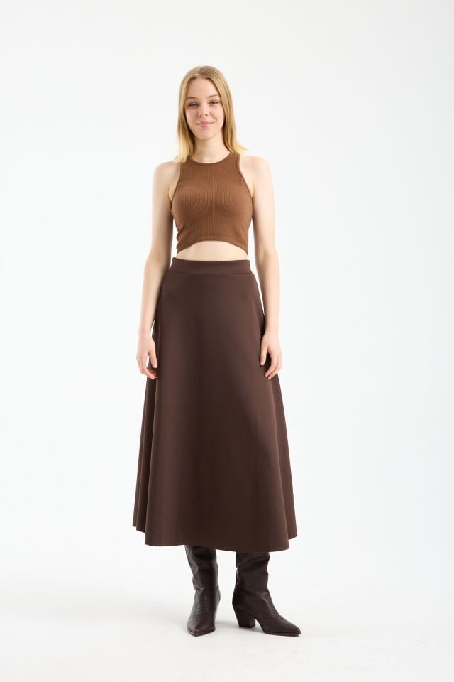 Kadın Scuba Dalgıç Kumaş Uzun Çan Etek Likralı Esnek Bel XL - KAHVE