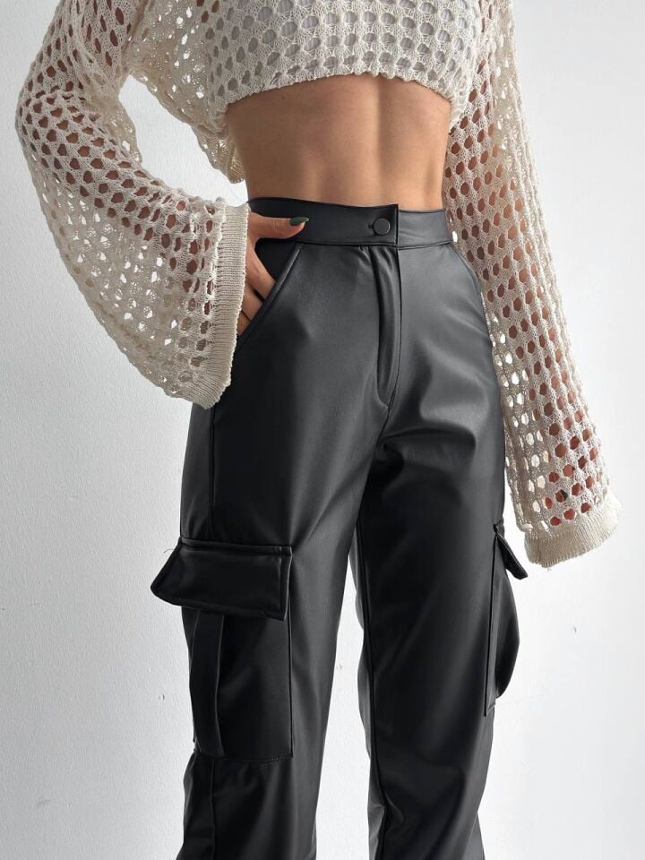 DERİ PANTOLON - YAN KARGO CEPLİ DERİ PANTOLON XL - SİYAH