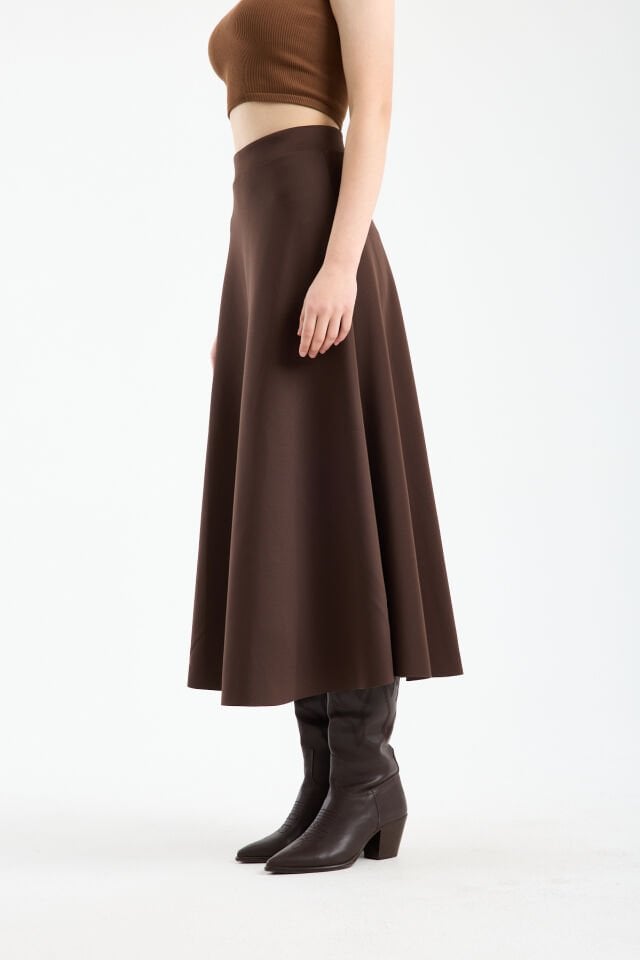 Kadın Scuba Dalgıç Kumaş Uzun Çan Etek Likralı Esnek Bel XL - KAHVE