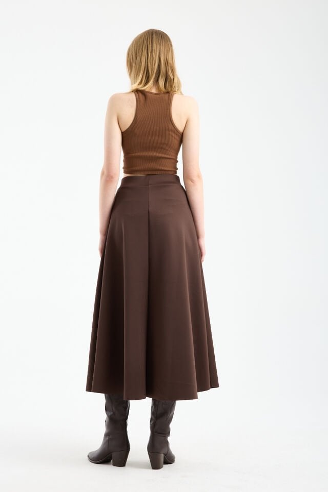 Kadın Scuba Dalgıç Kumaş Uzun Çan Etek Likralı Esnek Bel XL - KAHVE