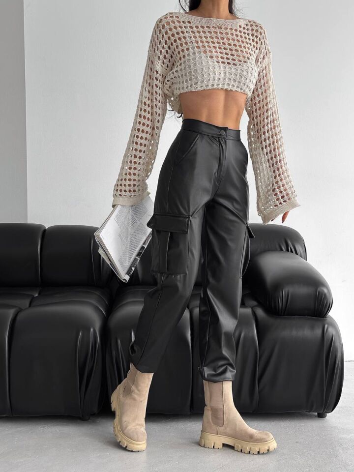 DERİ PANTOLON - YAN KARGO CEPLİ DERİ PANTOLON XL - SİYAH