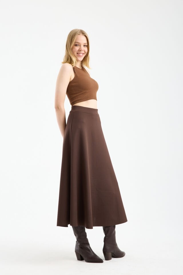 Kadın Scuba Dalgıç Kumaş Uzun Çan Etek Likralı Esnek Bel XL - KAHVE