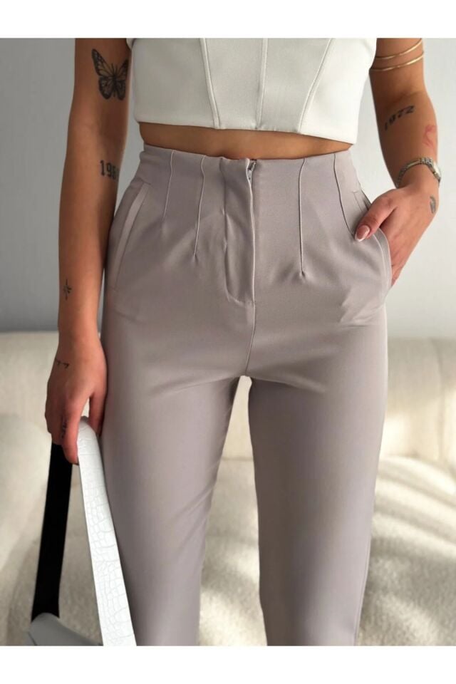 PENSLİ KADIN KUMAŞ PANTOLON ZRA MODEL/KADIN PANTOLON XL - AÇIK GRİ