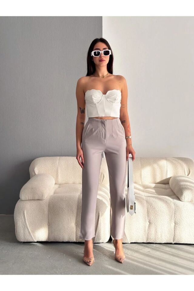 PENSLİ KADIN KUMAŞ PANTOLON ZRA MODEL/KADIN PANTOLON XL - AÇIK GRİ